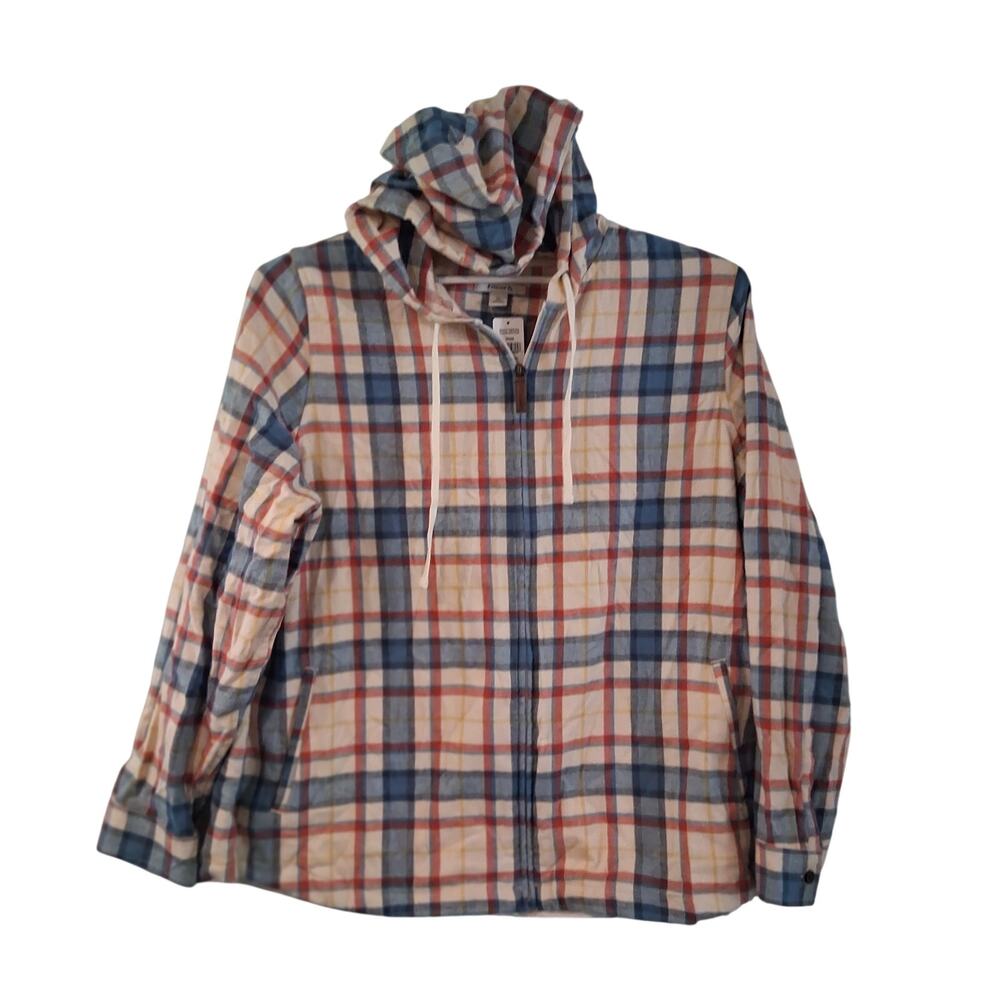 LL Bean nwt scotch plaid zip hoodie womens 1X flannel shirt jacket relaxed